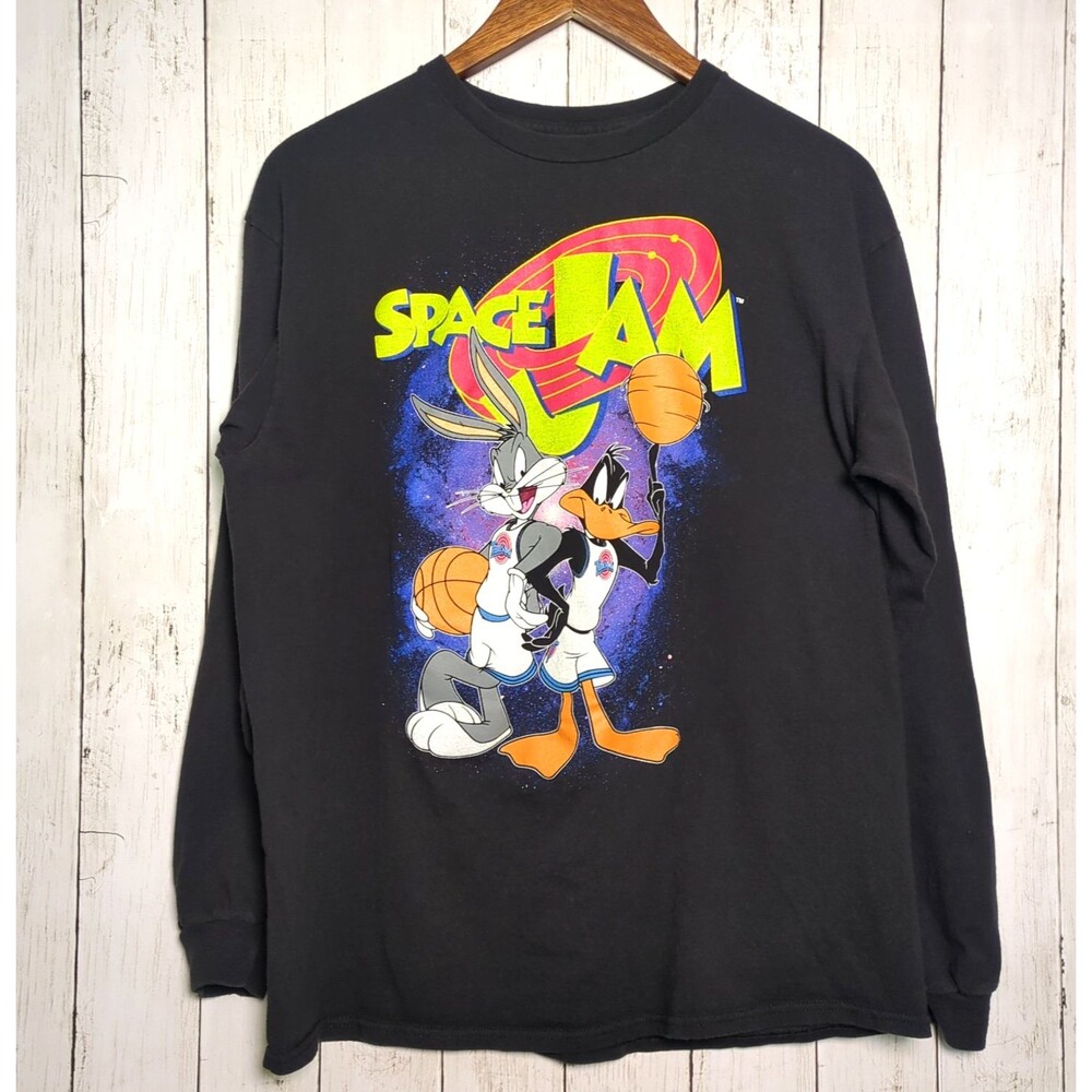 Space Jam Bugs Bunny Daffy Duck Long Sleeve Graphic Tee Black T-Shirt Size Large